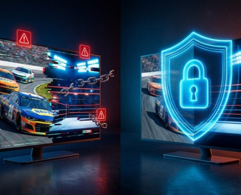 A smart TV screen displaying CW Sports and ESPN Unlimited streaming protected by a glowing blue secure VPN shield against geo-blocks.