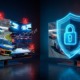 A smart TV screen displaying CW Sports and ESPN Unlimited streaming protected by a glowing blue secure VPN shield against geo-blocks.