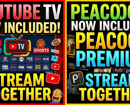 A television screen streaming sports via YouTube Premium and Peacock protected by a glowing secure VPN shield.
