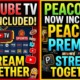 A television screen streaming sports via YouTube Premium and Peacock protected by a glowing secure VPN shield.