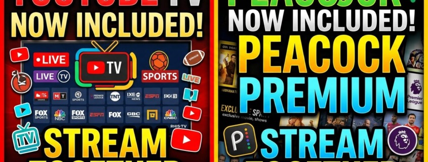 A television screen streaming sports via YouTube Premium and Peacock protected by a glowing secure VPN shield.