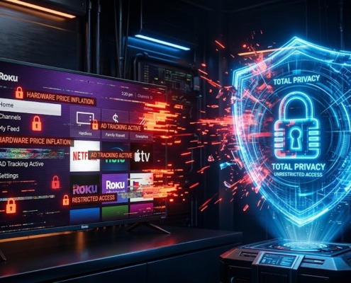 A TV displaying a Roku interface protected by a secure blue VPN shield against price increases and ad tracking