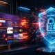 A TV displaying a Roku interface protected by a secure blue VPN shield against price increases and ad tracking